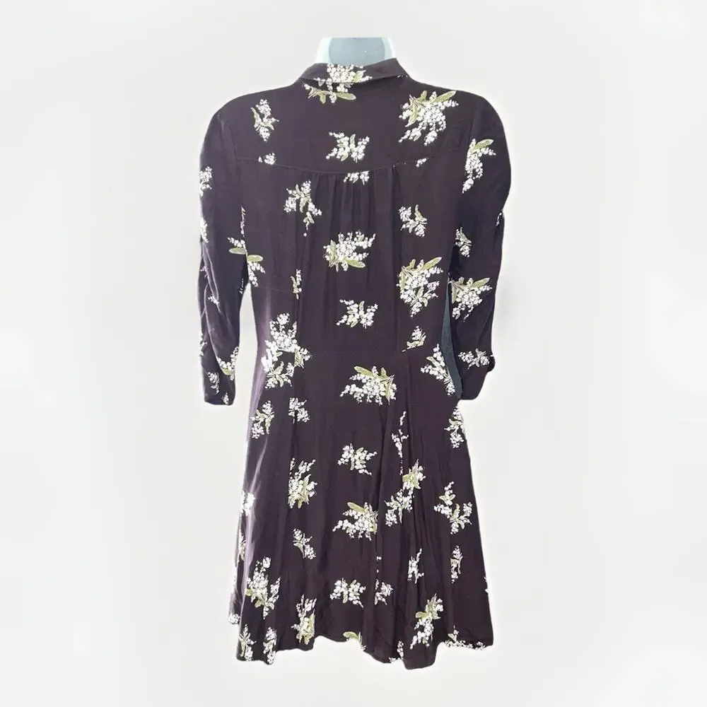 Free People Lovely Mini Dress Size XS Plum Brown Floral Button Down Collar Boho - Picture 3 of 9